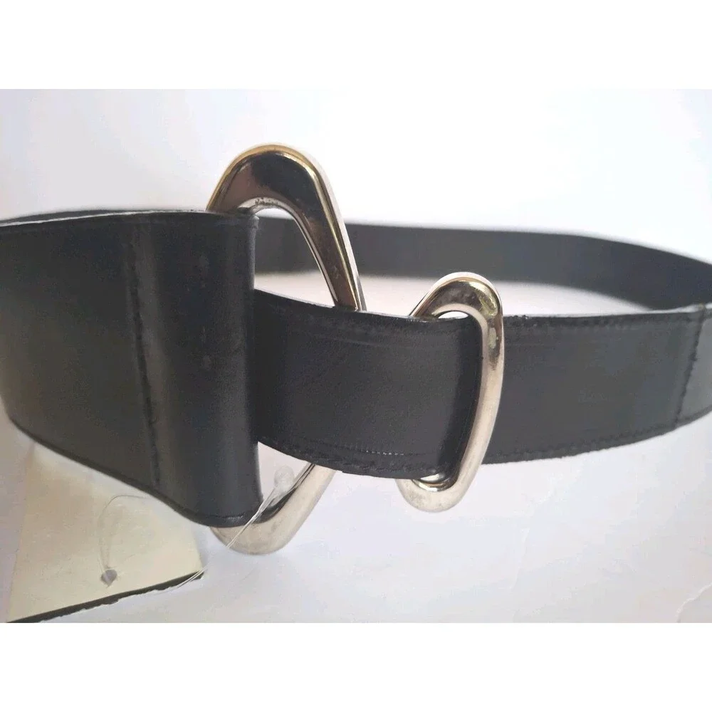 Vtg Avignon Leather Wide Statement Belt Large Black Silver Buckle USA Made Y2K